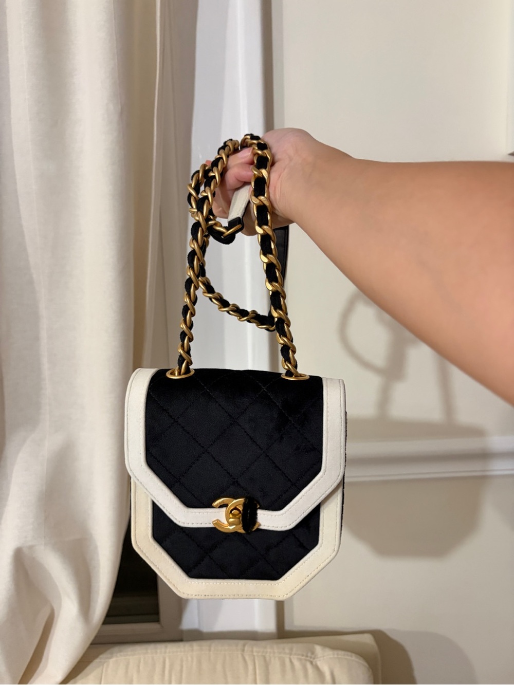 Black and White Quilted Chain-Handle Crossbody Bag